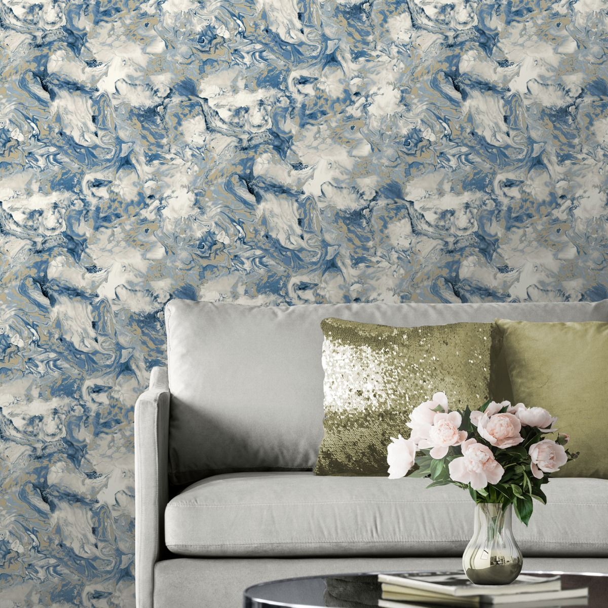 Elixir Marble Wallpaper - Blue / Gold - Muriva