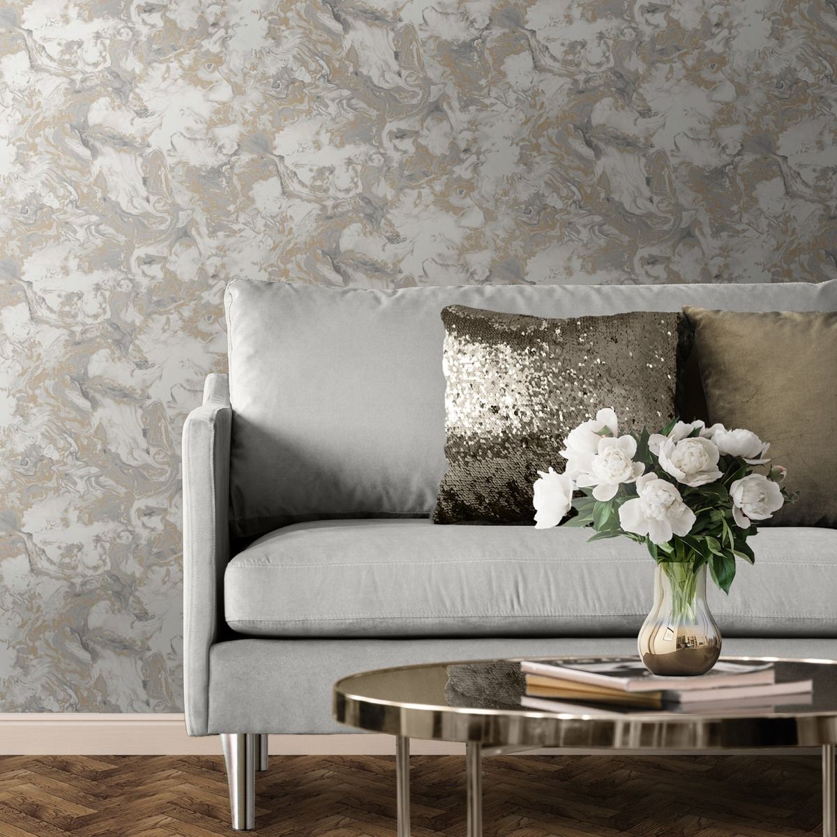 Elixir Marble Wallpaper - Grey / Gold - Muriva