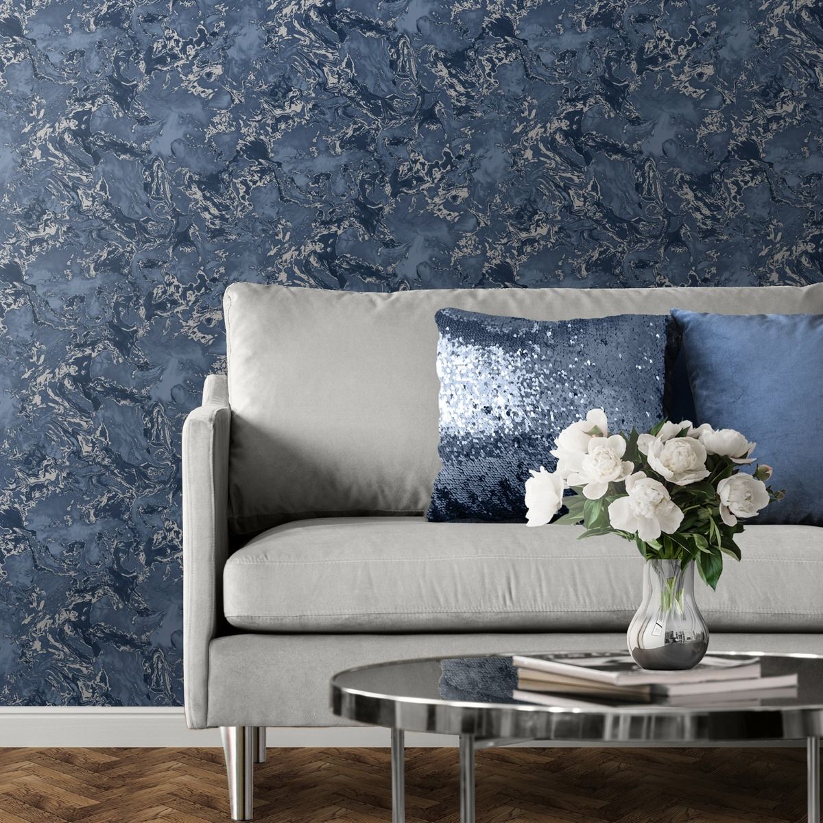 Elixir Marble Wallpaper - Navy Blue / Silver - Muriva