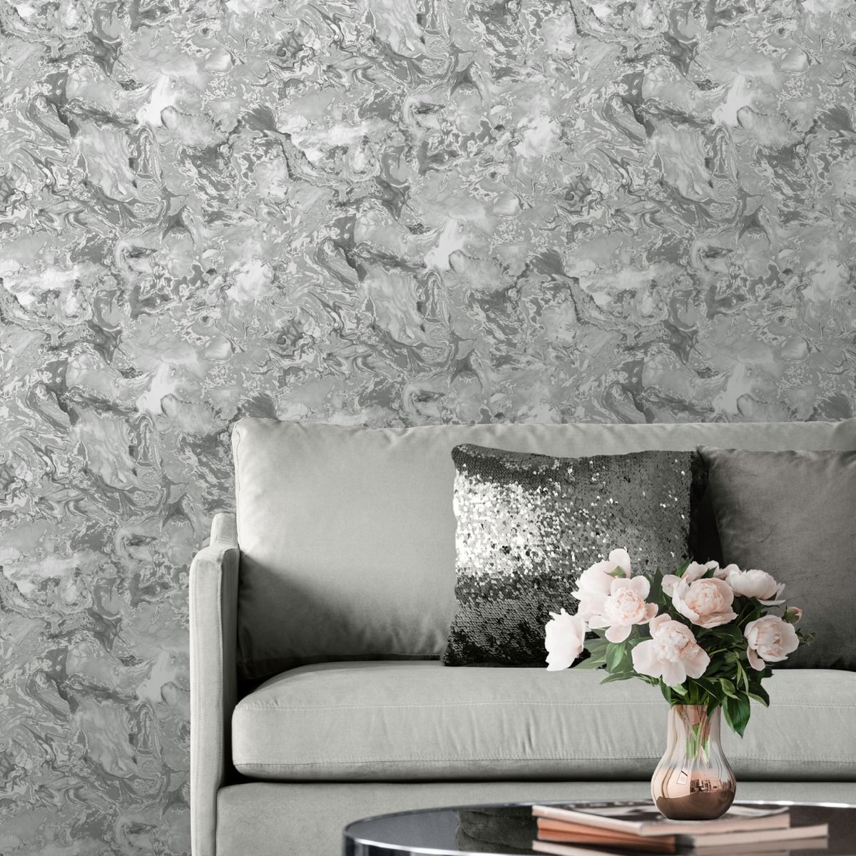 Elixir Marble Wallpaper - Silver / Grey - Muriva
