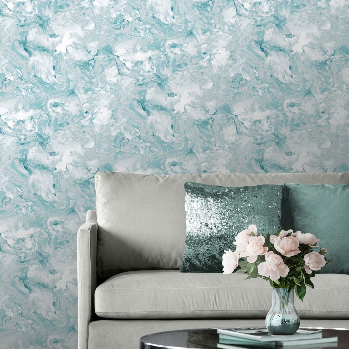 Elixir Marble Wallpaper - Teal / Silver - Muriva