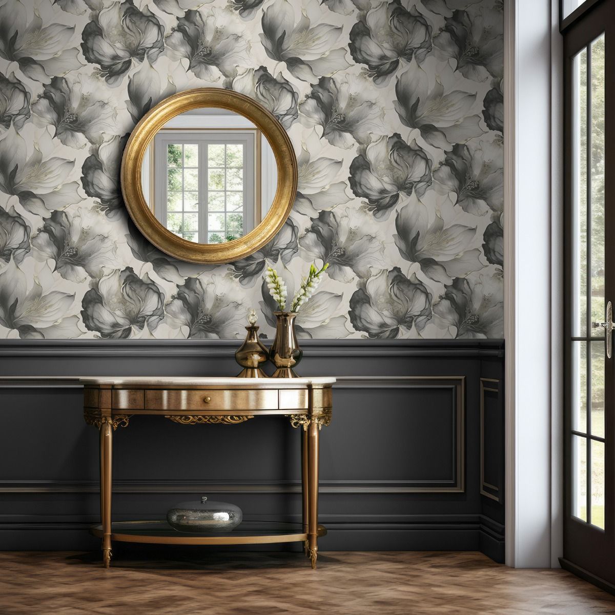 Elysian Floral Wallpaper - Black/Gold - Muriva