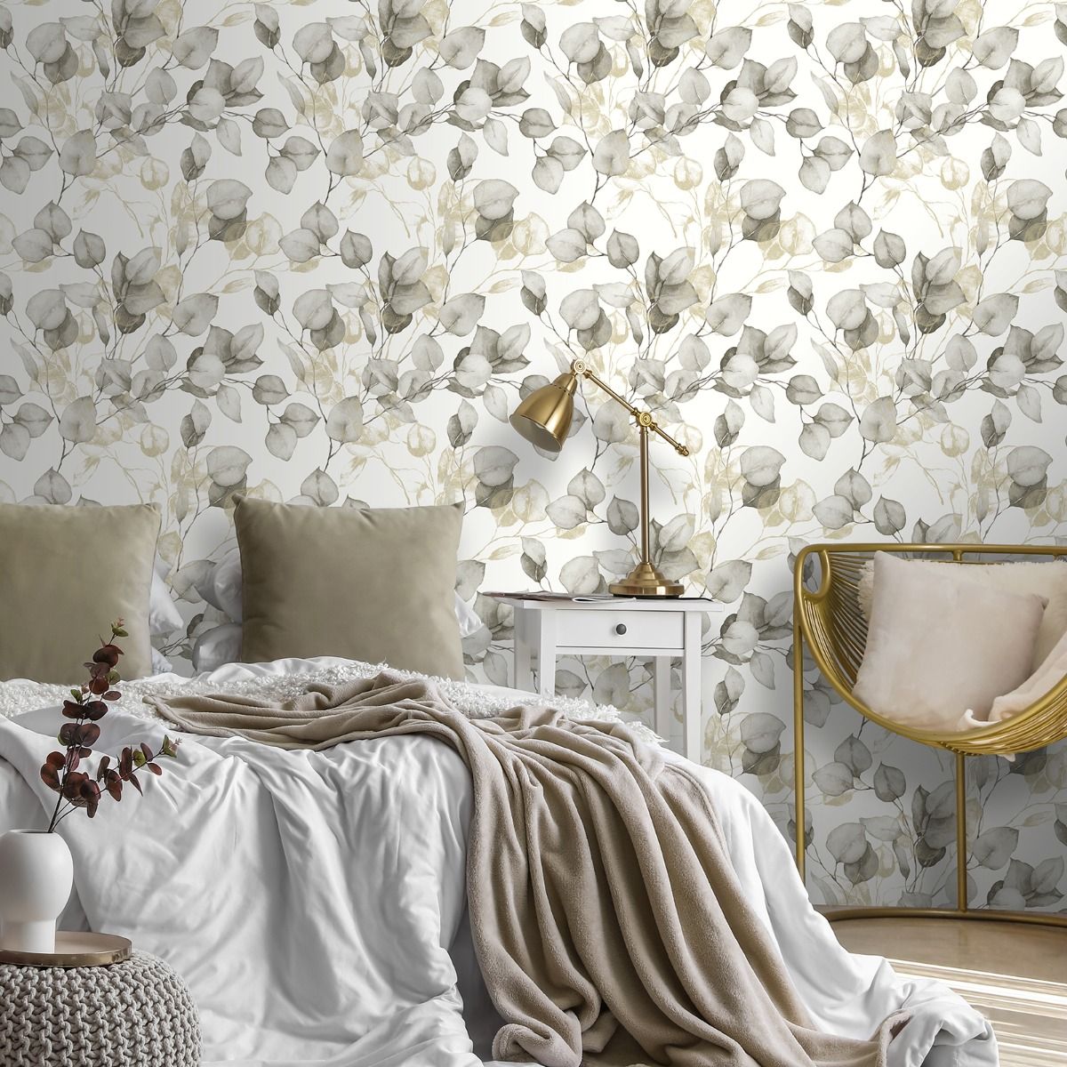 Eucalyptus Leaves Wallpaper - Natural/Gold - Muriva