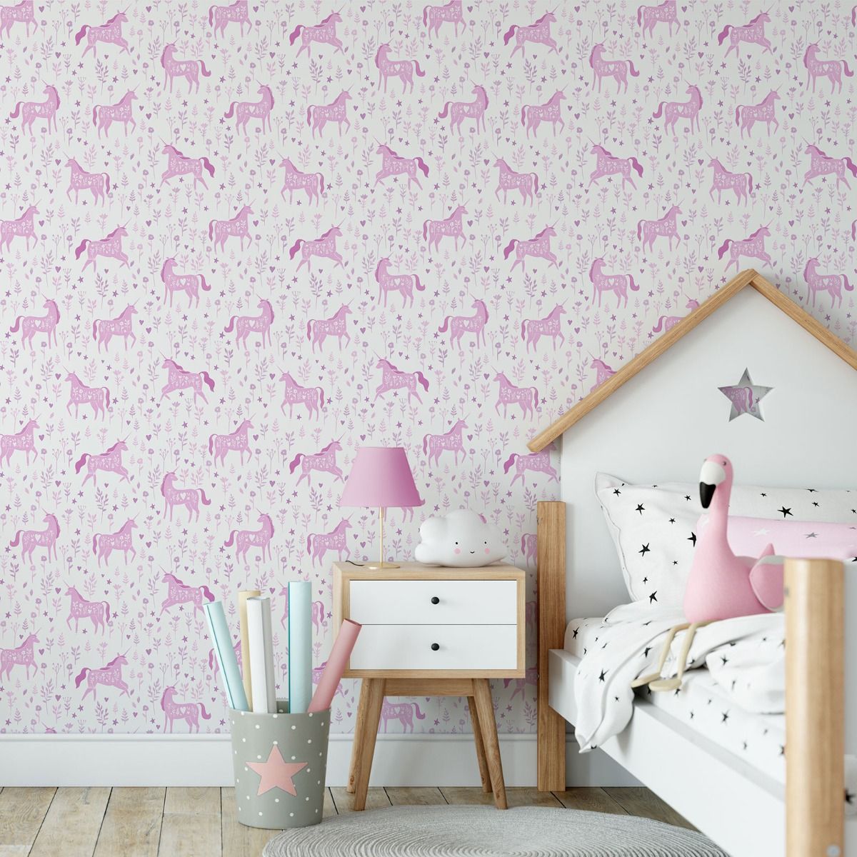 Folk Unicorn Wallpaper - Pink - Muriva