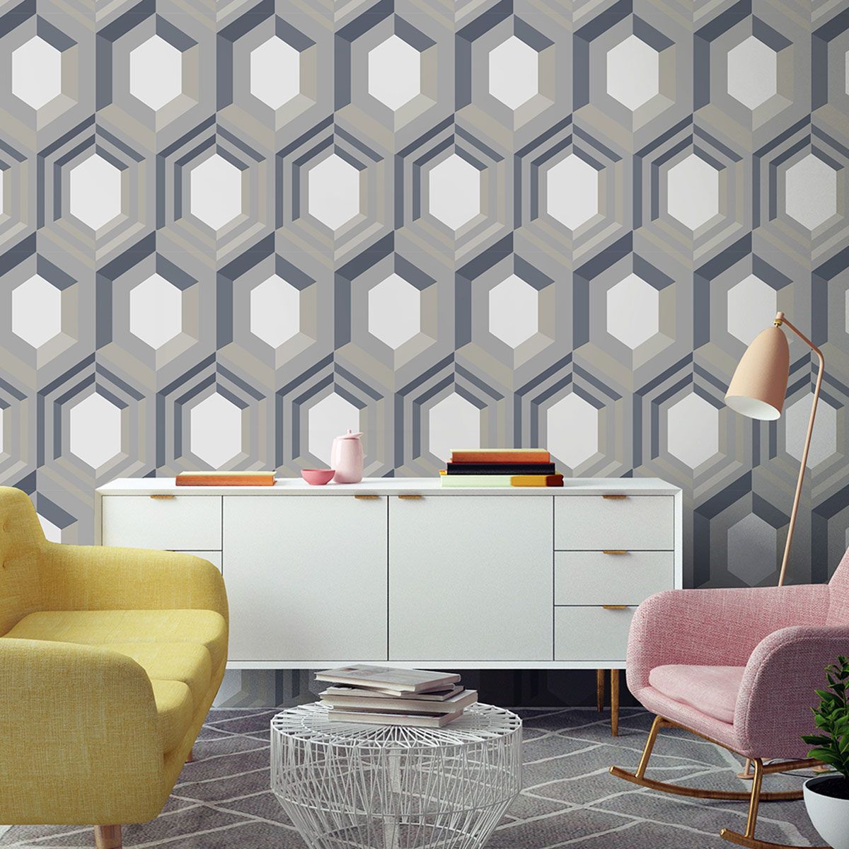 Galactik Hexagon Wallpaper - Cream & Blue - Muriva