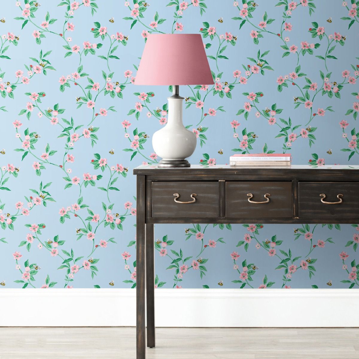 Greenwich Flowers Wallpaper - Blue / Pink - Muriva