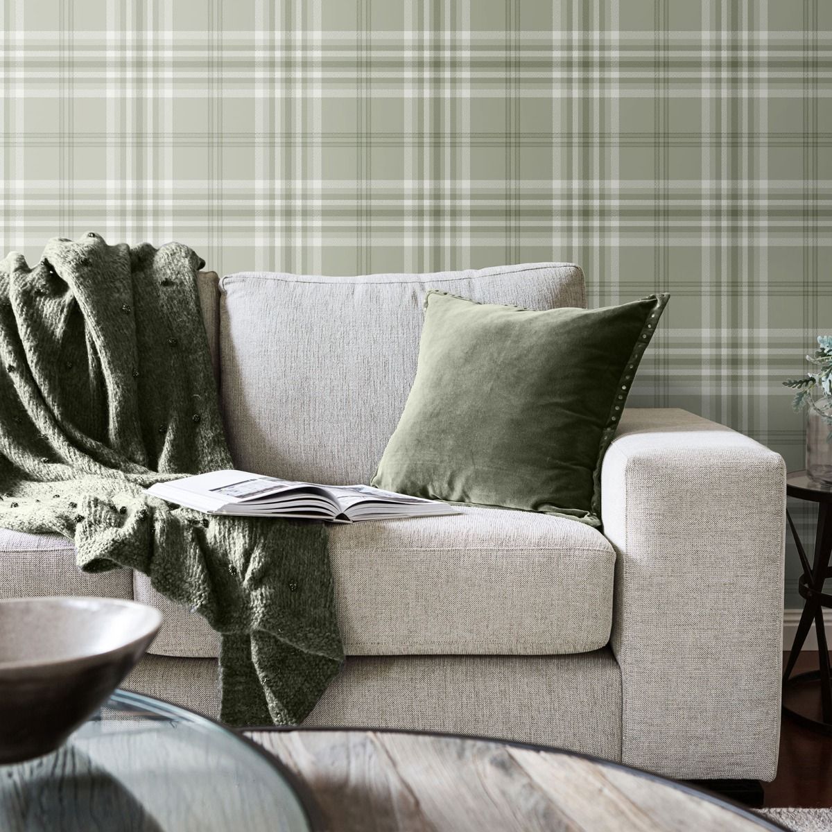 Kelso Check Wallpaper - Sage Green - Muriva