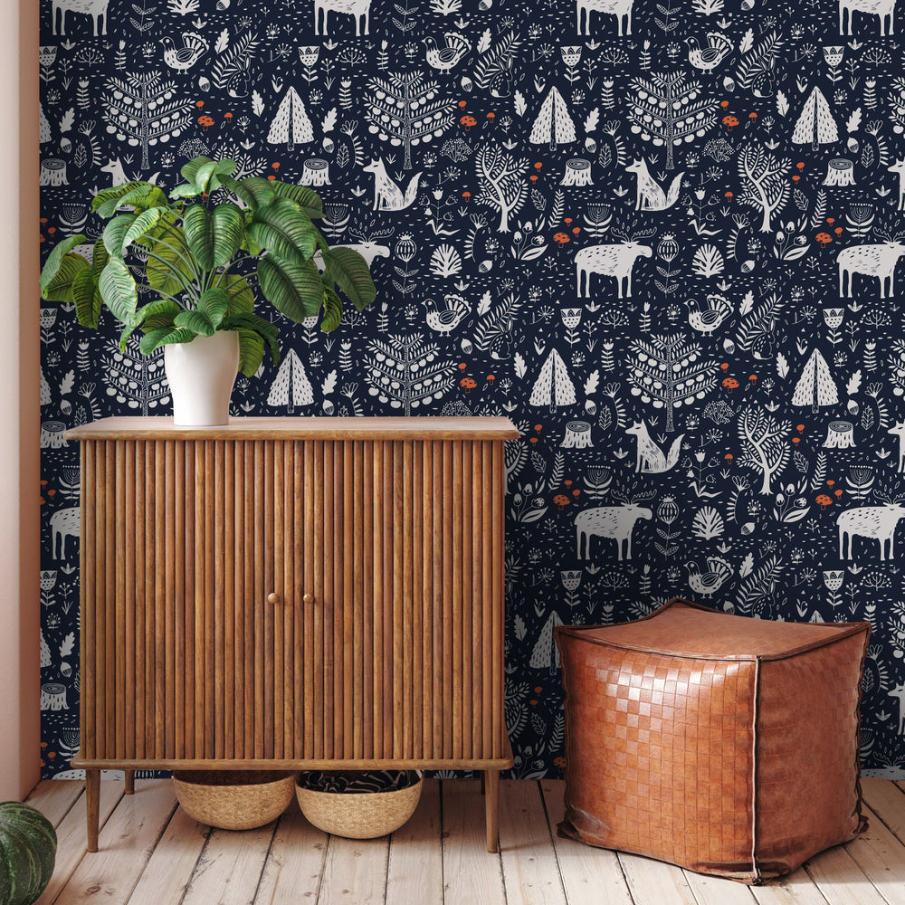 LH900043 - Moose in The Hoose Wallpaper - Midnight Navy & Crimson Accent - Lust Home