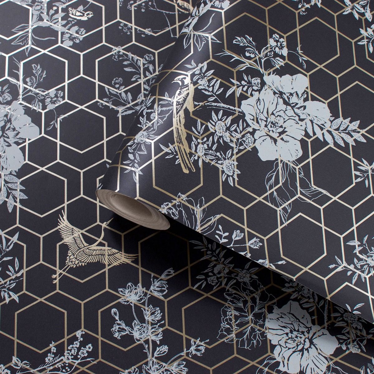 Lipsy Himara Wallpaper - Charcoal / Gold - Muriva