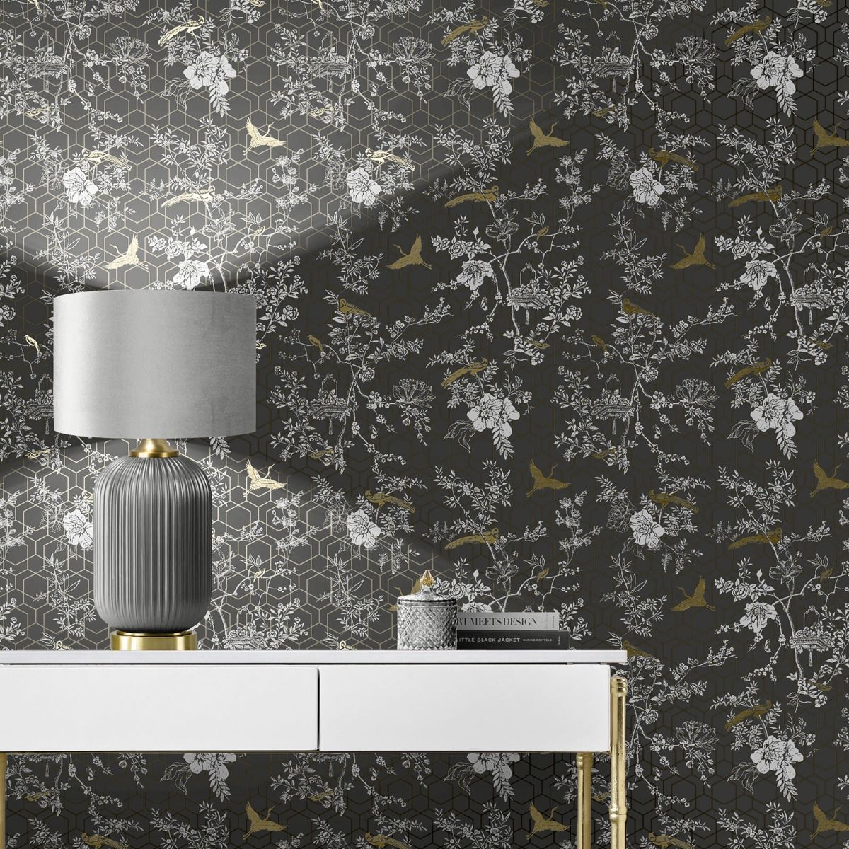 Lipsy Himara Wallpaper - Charcoal / Gold - Muriva