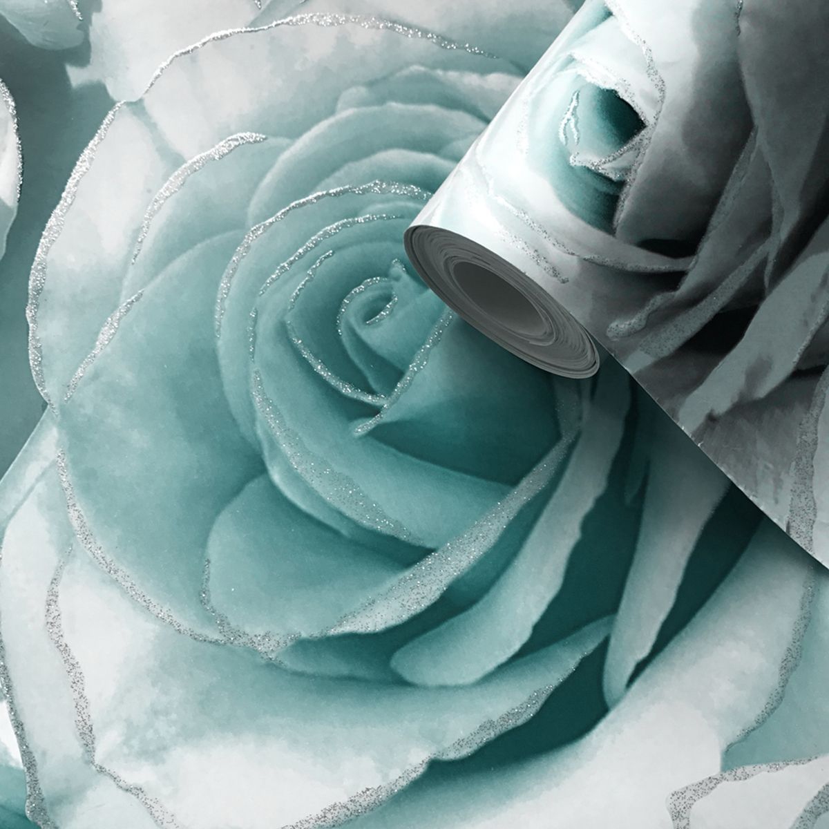 Madison Rose Glitter Floral Wallpaper - Aqua & Grey - Muriva