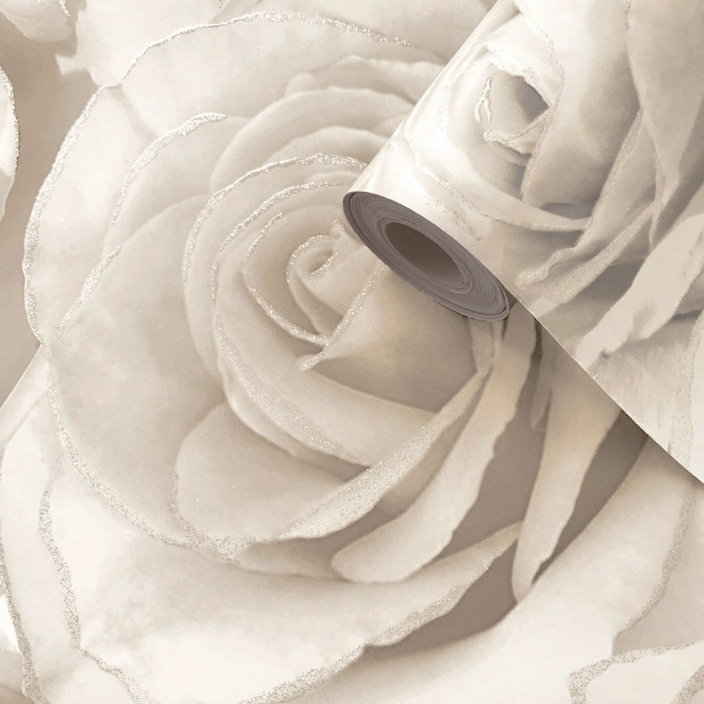 Madison Rose Glitter Floral Wallpaper - Pearl & Cream - Muriva