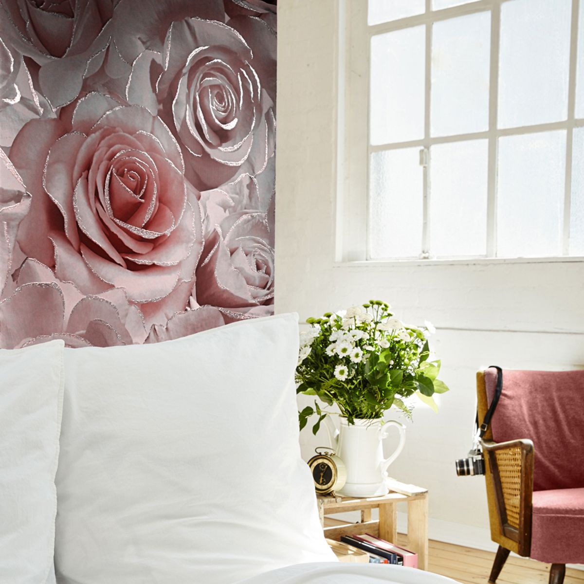Madison Rose Glitter Floral Wallpaper - Raspberry & Blush Pink - Muriva
