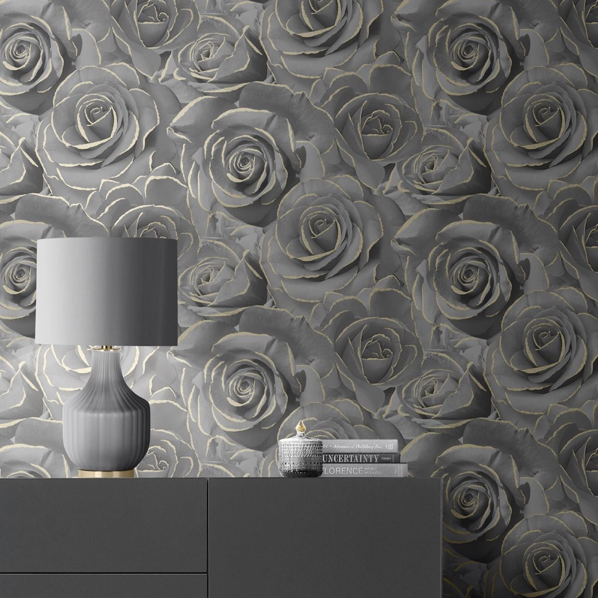 Madison Rose Glitter Wallpaper - Black - Muriva
