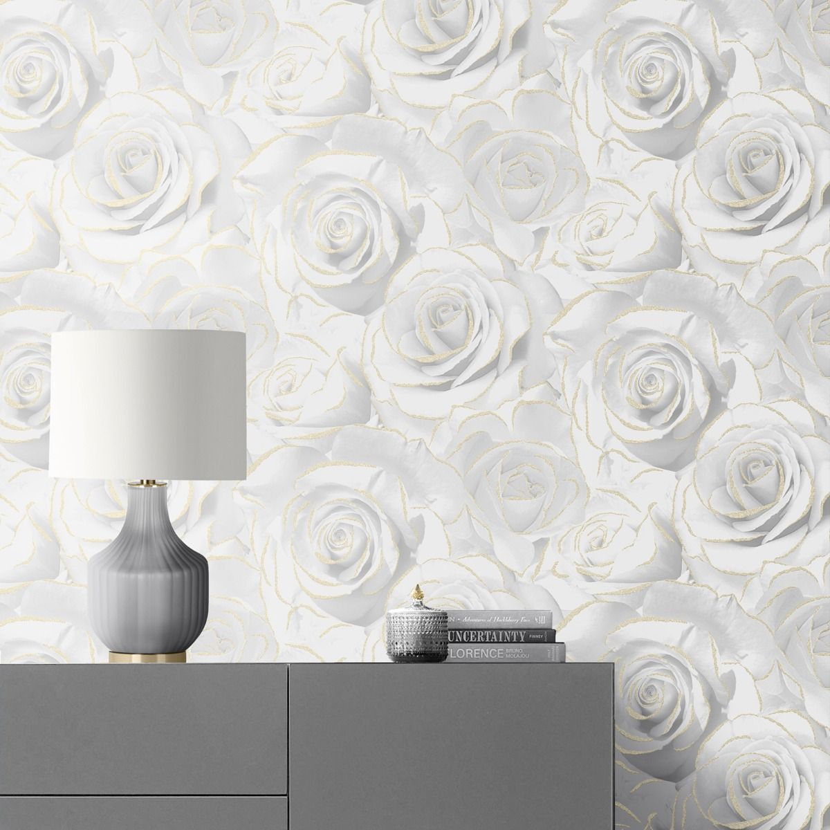 Madison Rose Glitter Wallpaper - White - Muriva