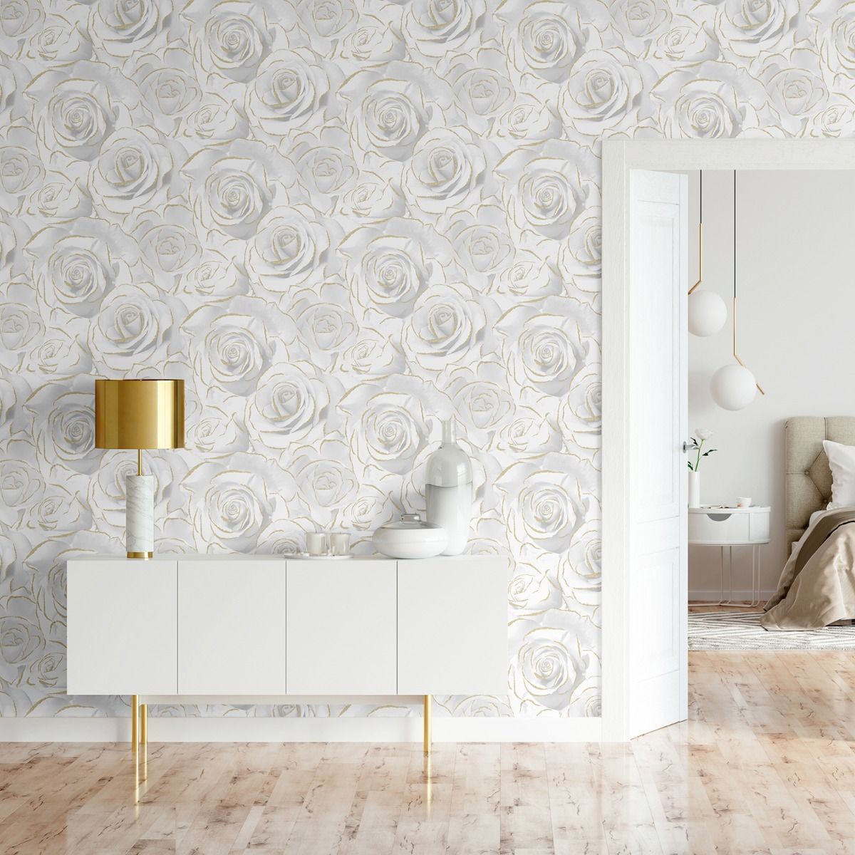 Madison Rose Glitter Wallpaper - White - Muriva