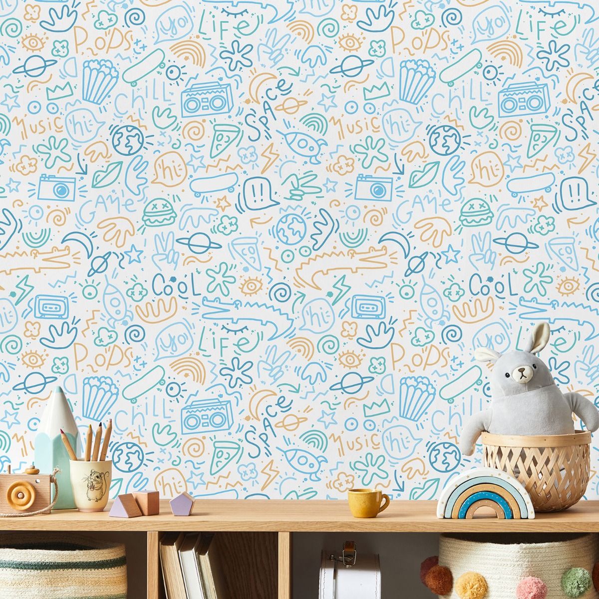 My Kingdom Doodle Wallpaper - Blue & Yellow - Muriva