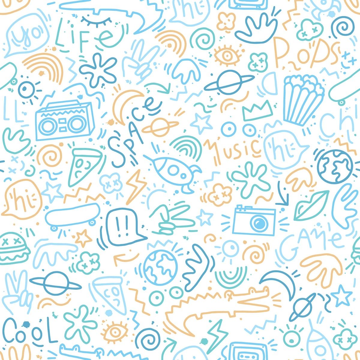 My Kingdom Doodle Wallpaper - Blue & Yellow - Muriva