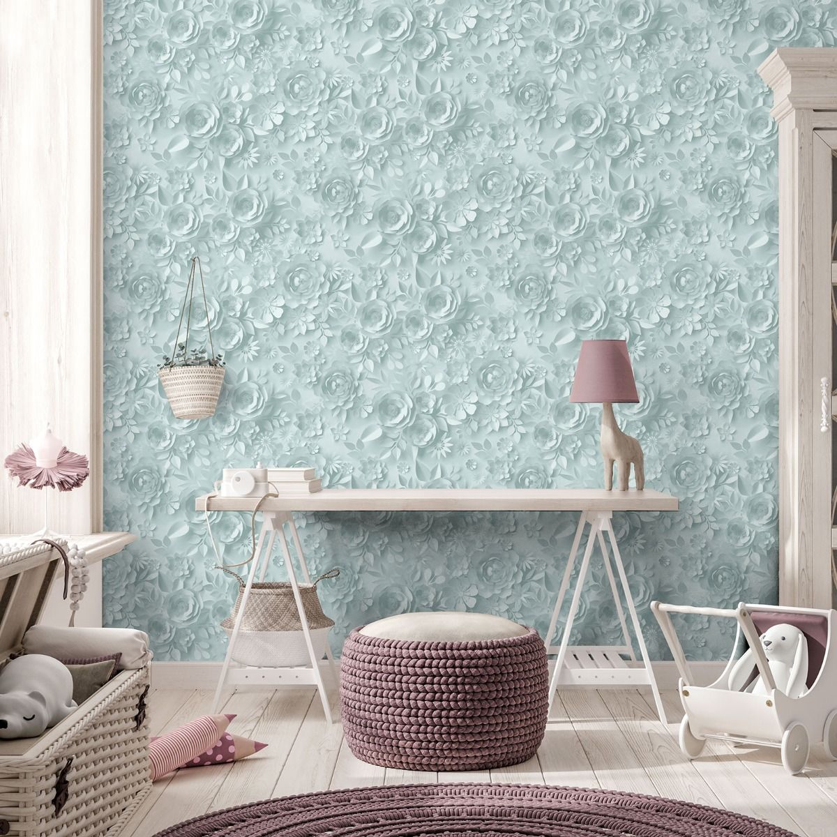 My Kingdom Origami Flowers Wallpaper - Duck Egg - Muriva