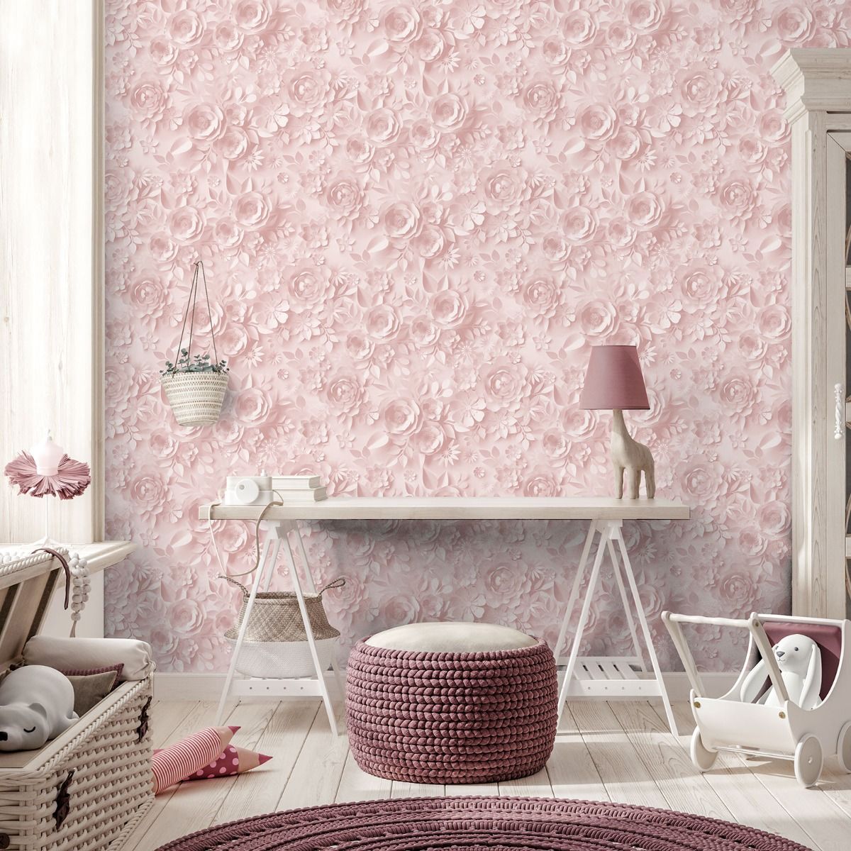 My Kingdom Origami Flowers Wallpaper - Pink - Muriva