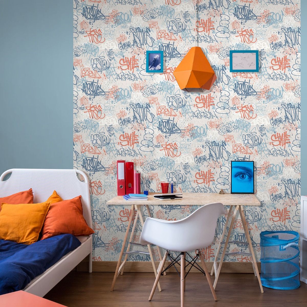 My Kingdom Sketched Wallpaper - Blue & Orange - Muriva