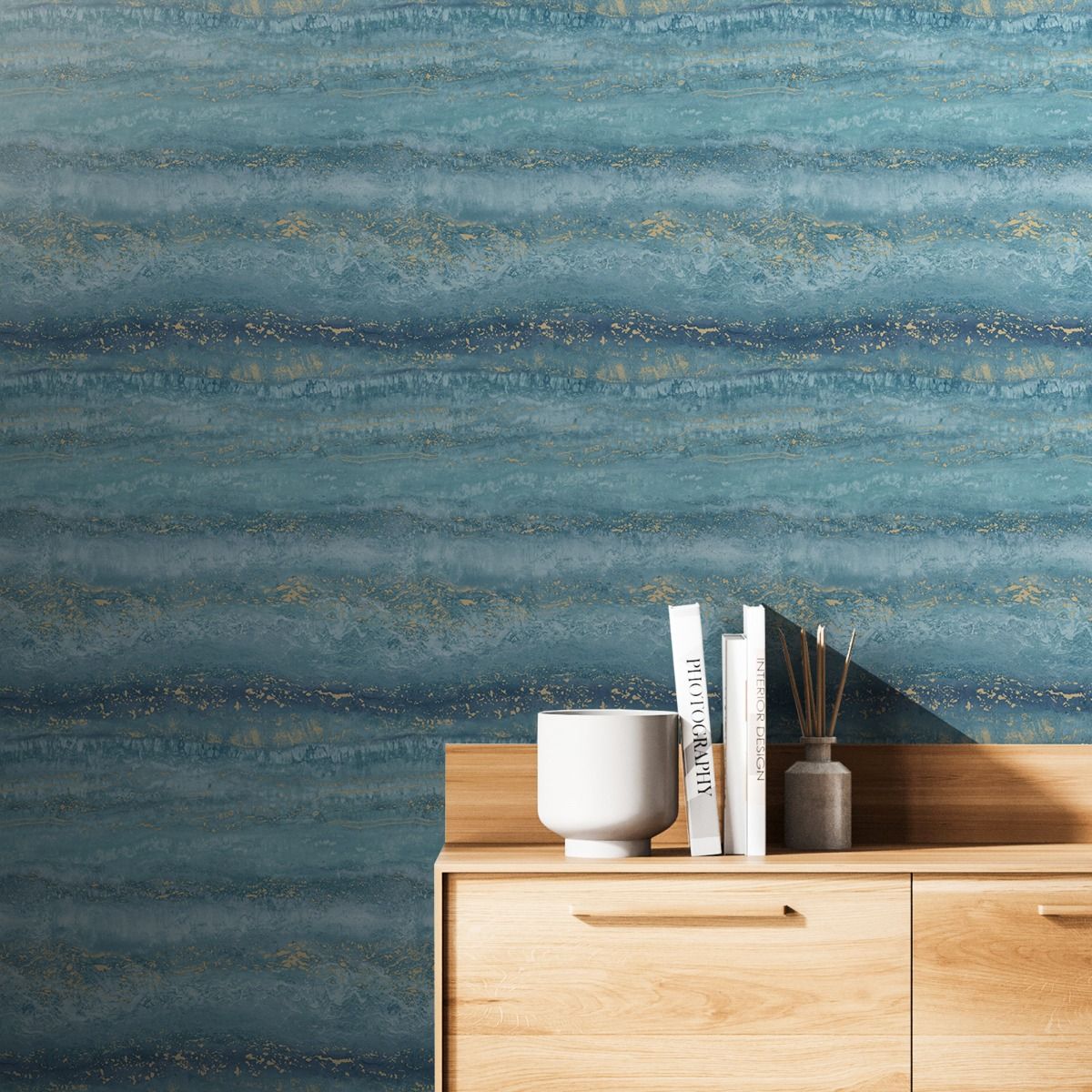 Semper Marble Wallpaper - Teal / Gold - Muriva