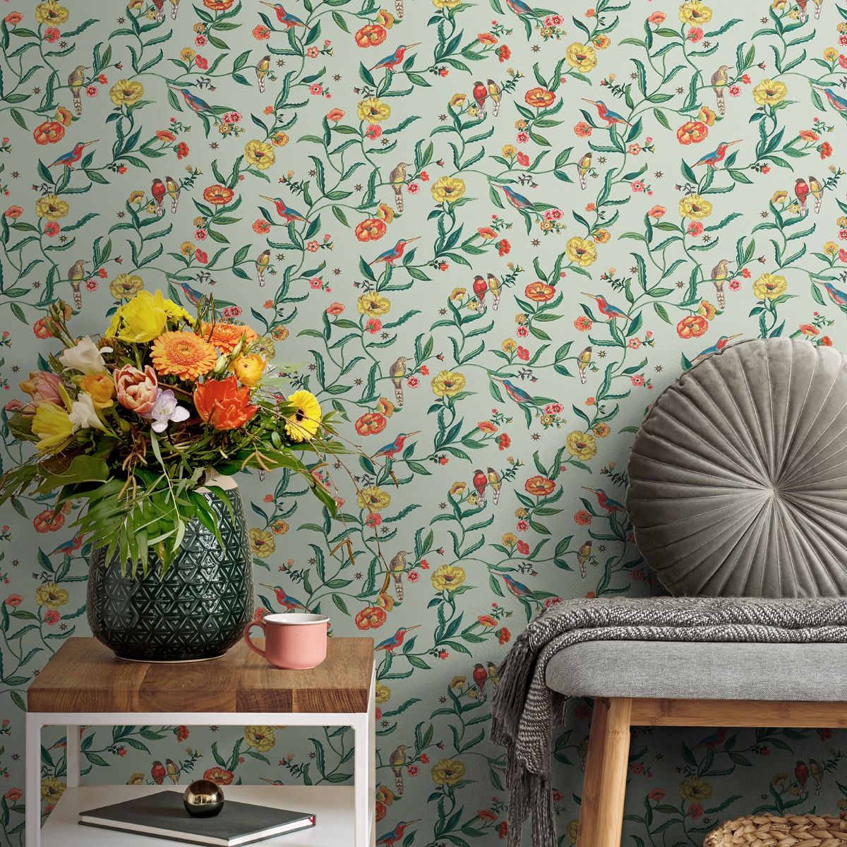 Summer Birds Wallpaper - Sage - Muriva