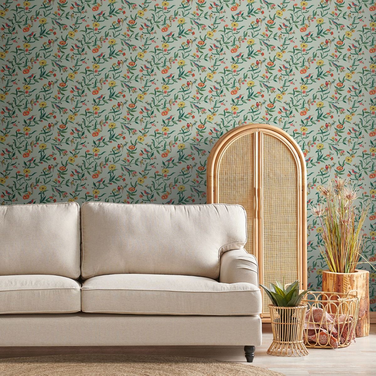 Summer Birds Wallpaper - Sage - Muriva