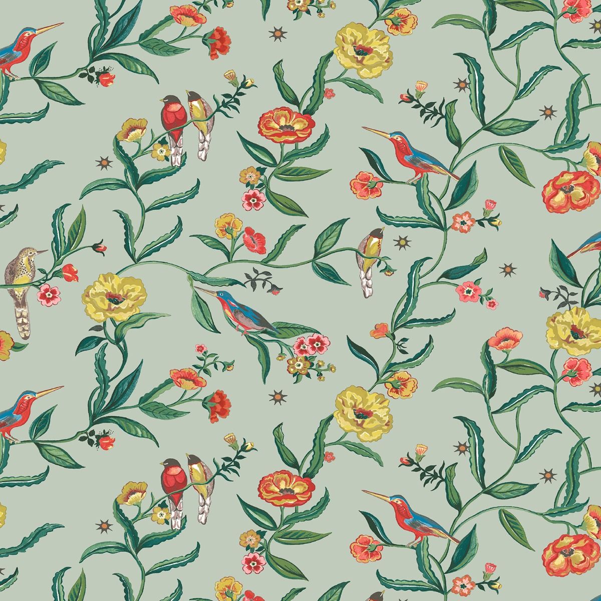 Summer Birds Wallpaper - Sage - Muriva
