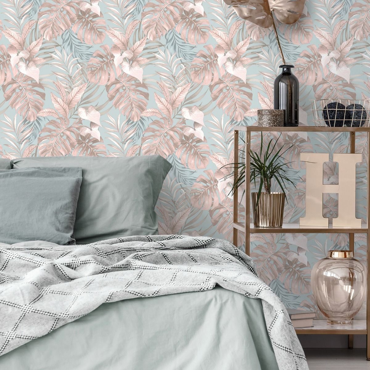 Teeva Jungle Leaves Wallpaper - Duck Egg - Muriva