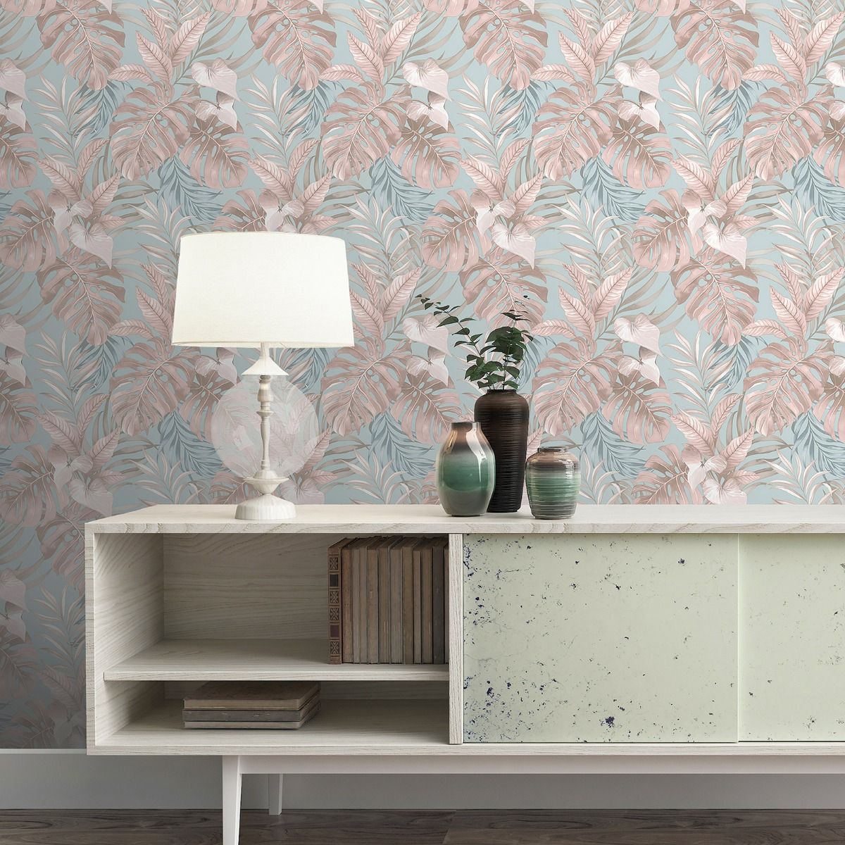 Teeva Jungle Leaves Wallpaper - Duck Egg - Muriva