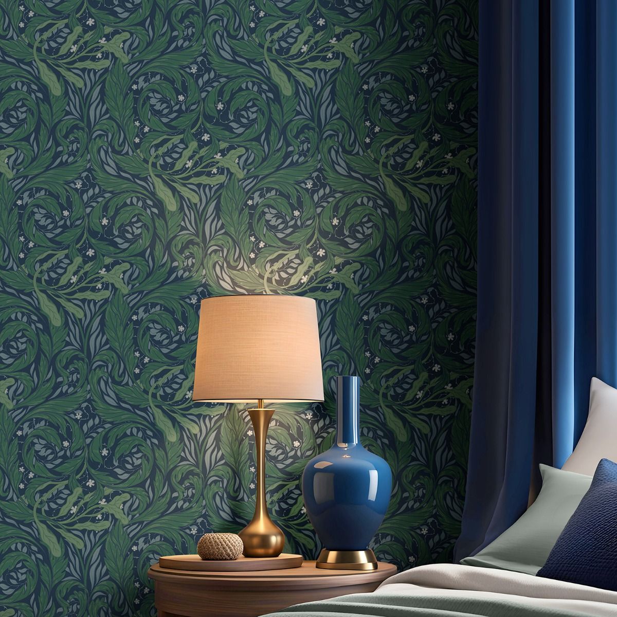 Vale Leaf Wallpaper - Green / Blue - Muriva