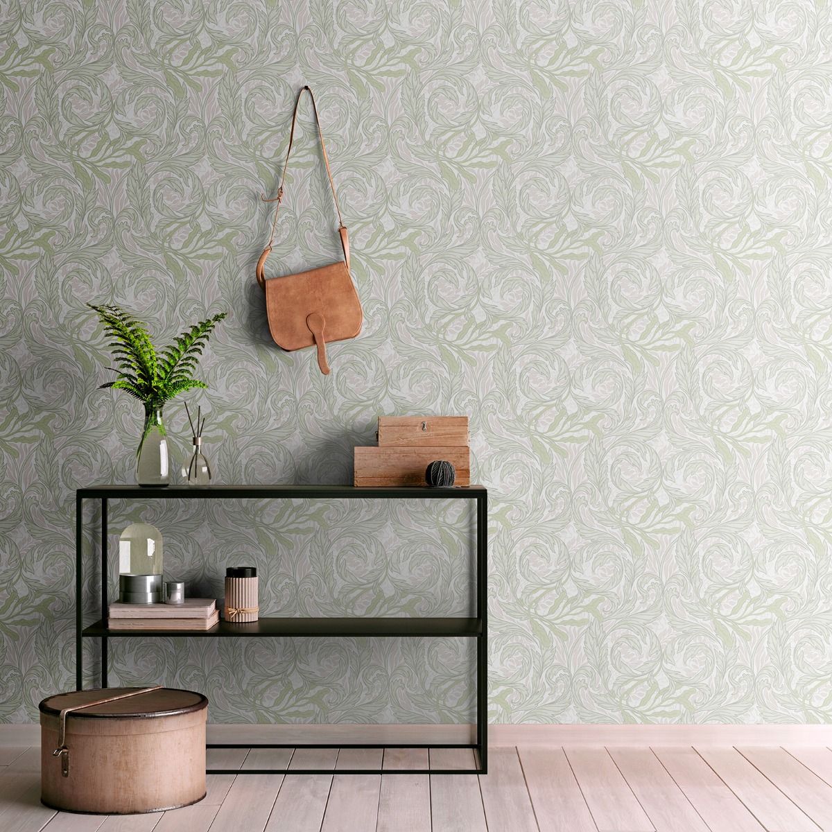 Vale Leaf Wallpaper - Green / Pink - Muriva