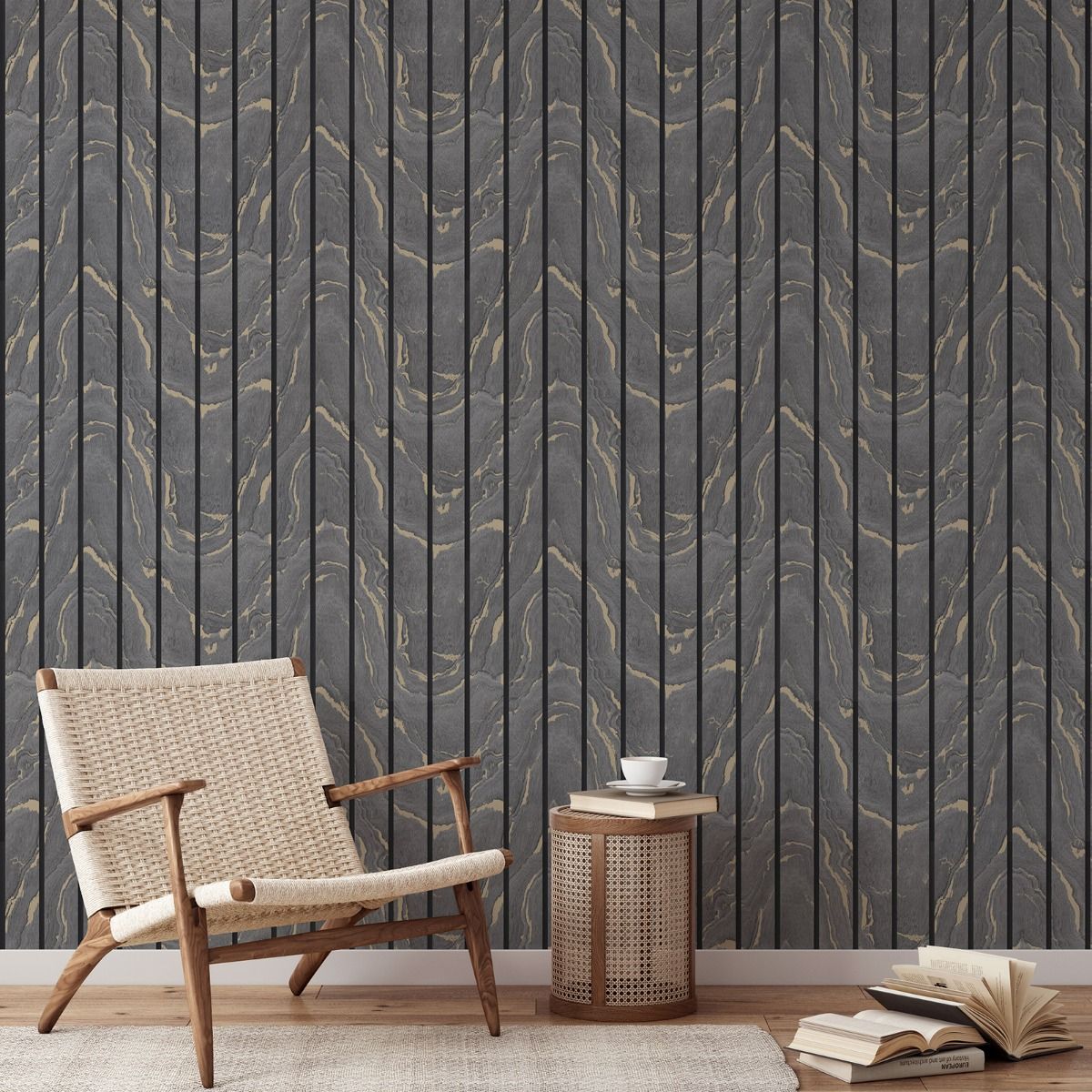 Woodgrain Panel Wallpaper - Charcoal - Muriva