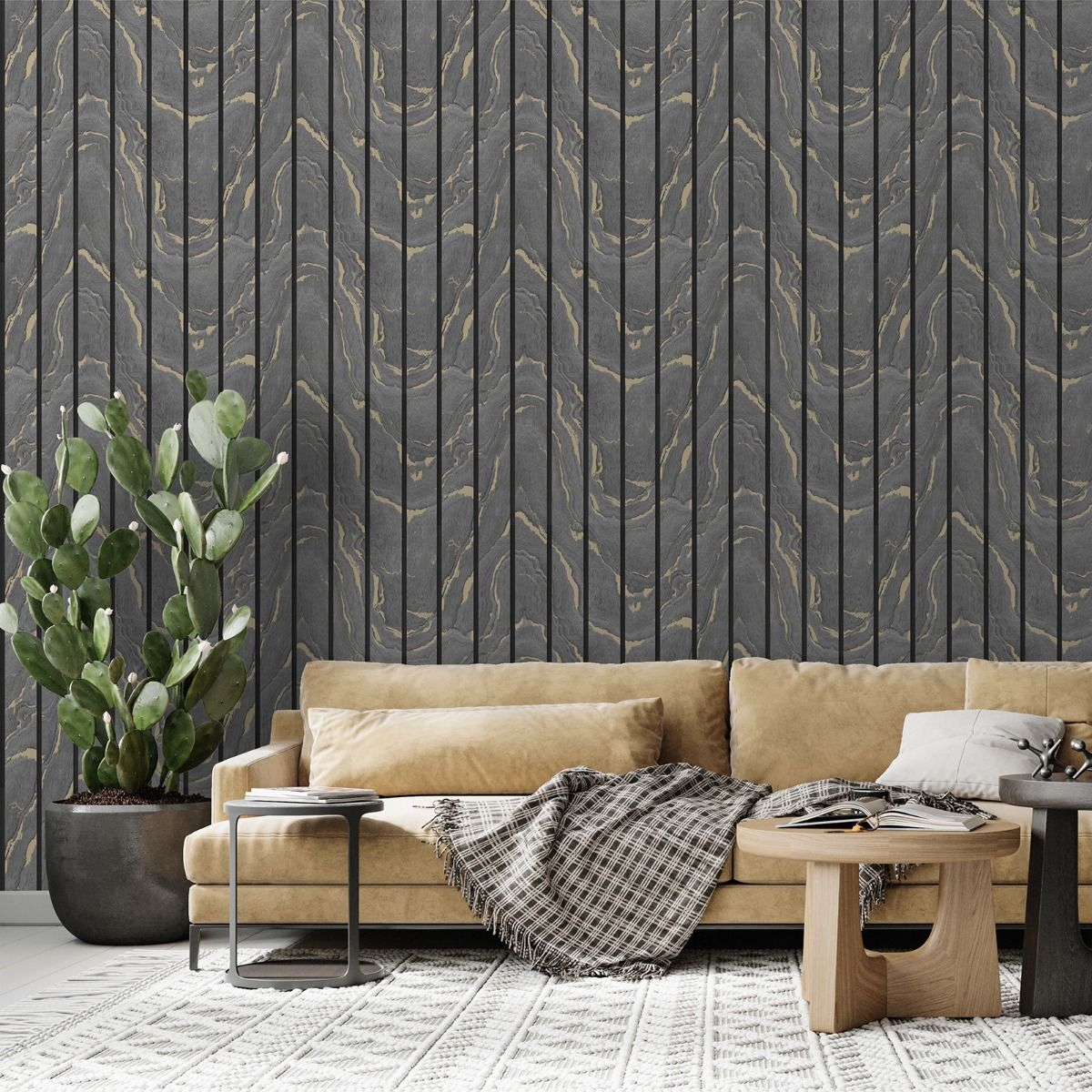 Woodgrain Panel Wallpaper - Charcoal - Muriva