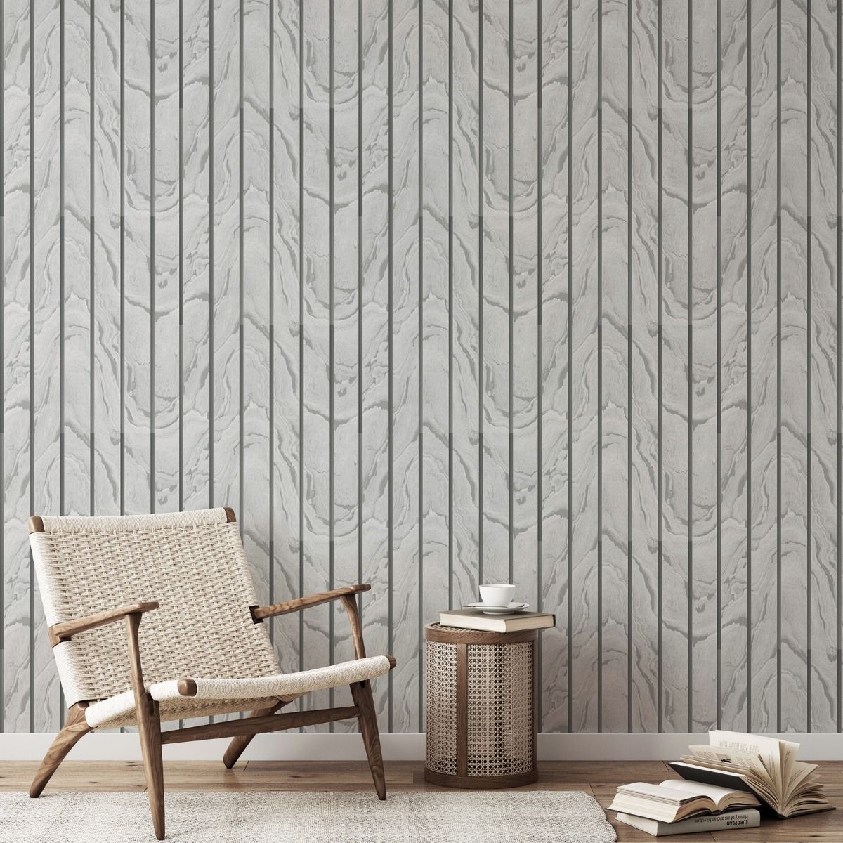 Woodgrain Panel Wallpaper - Silver - Muriva
