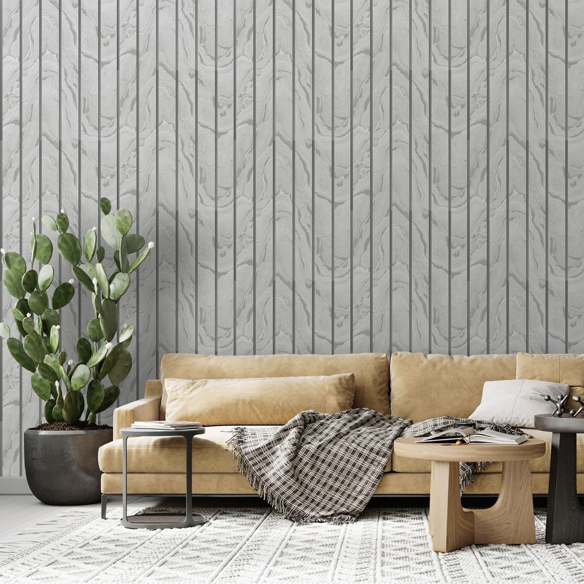 Woodgrain Panel Wallpaper - Silver - Muriva
