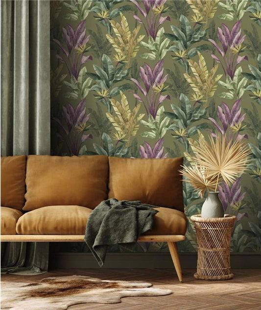 Akari Elegant Homes Madagascar Leaf Wallpaper - Gold and Green - Rasch - 282886Wallpaper199