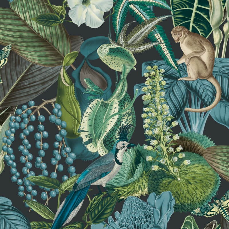 Amazon Monkeys Tropical Floral Wallpaper - Teal - Grandeco - JF2202Wallpaper199