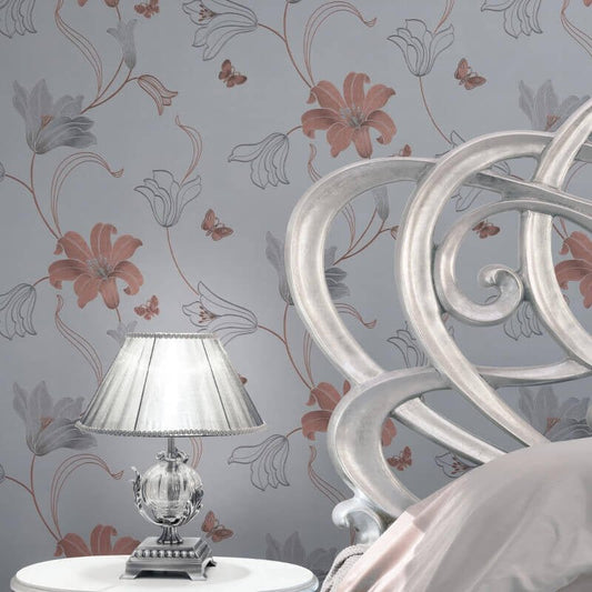 Amelia Floral Metallic Wallpaper - Stone/Rose - Muriva - 701410Wallpaper199