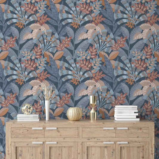 Asha Leaves Wallpaper - Navy/Burnt Orange - Crown - M1736Wallpaper199