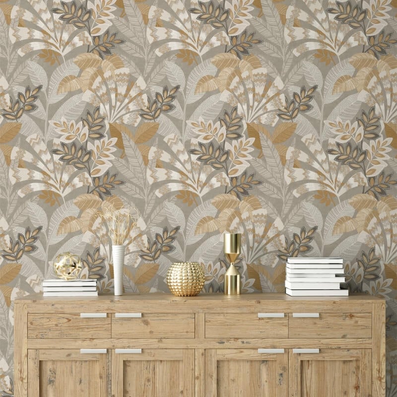 Asha Leaves Wallpaper - Warm Stone/Old Gold - Crown - M1738Wallpaper199
