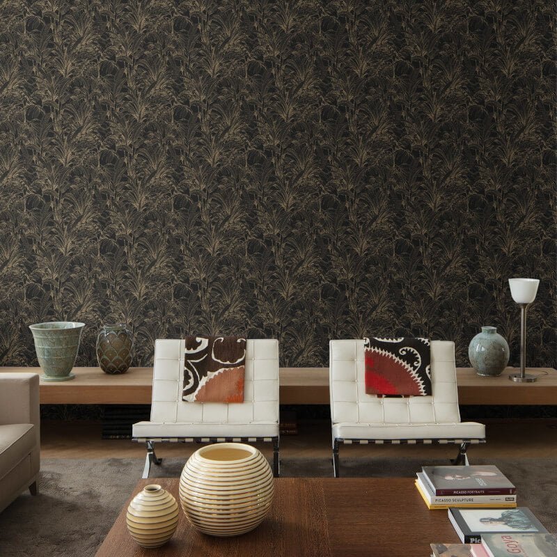 Asperia Linear Leaf Wallpaper - Black/Gold - Grandeco - A51403Wallpaper199