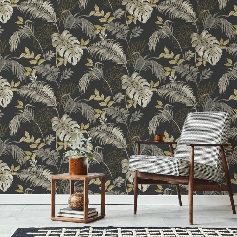 Attitude Allison Tropical Metallic Wallpaper - Black/Gold - Grandeco - A64303Wallpaper199