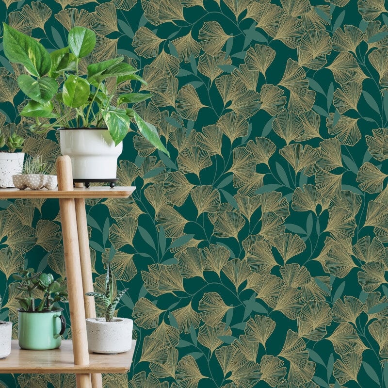 Attitude Ginko Leafy Floral Metallic Wallpaper - Green/Gold - Grandeco - A64403Wallpaper199