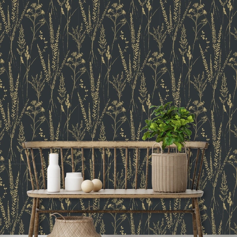 Attitude Halm Grass Floral Wallpaper - Black/Gold - Grandeco - A64203Wallpaper199