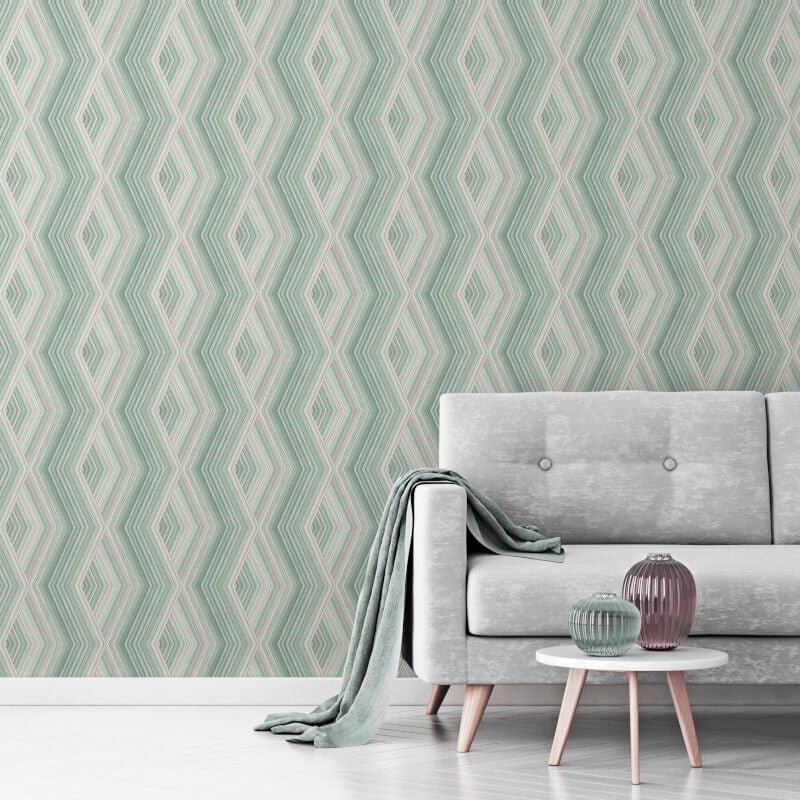 Aura Geometric Diamond Metallic Wallpaper - Emerald/Gold - Crown - M1583Wallpaper199