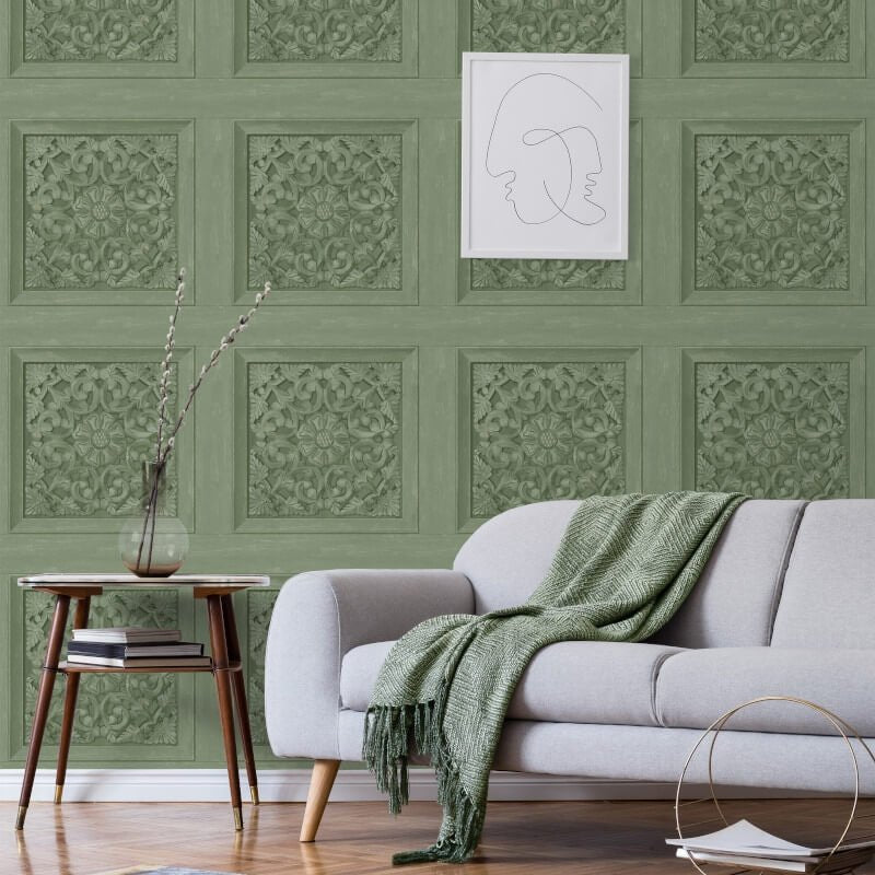 Carved Panel Wallpaper - Sage - Fine Décor - FD43276Wallpaper199