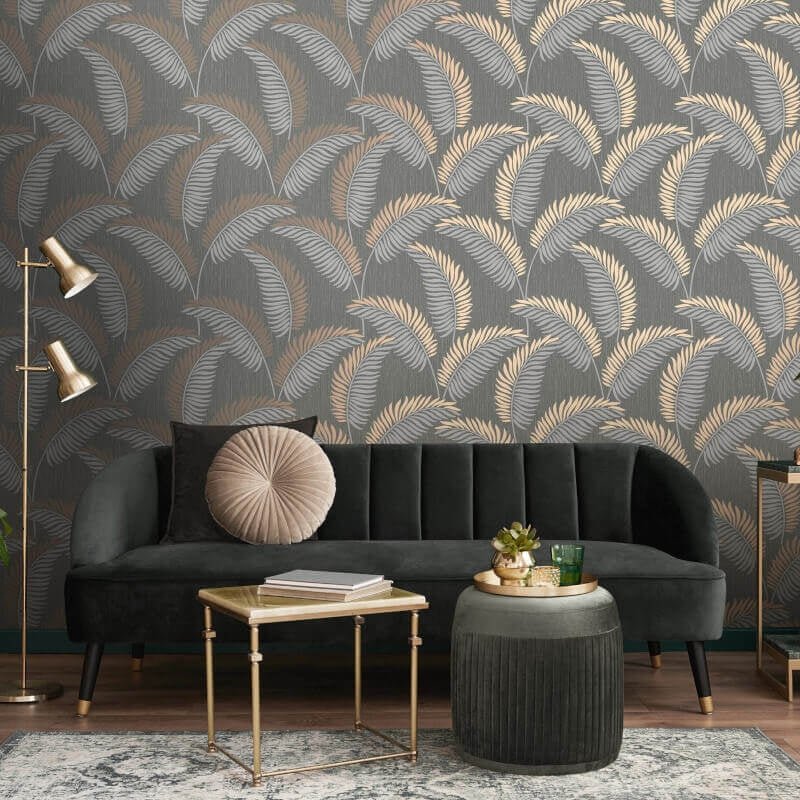 Cascade Leaf Metallic Wallpaper - Grey/Rose Gold - Fine Décor - FD42839Wallpaper199
