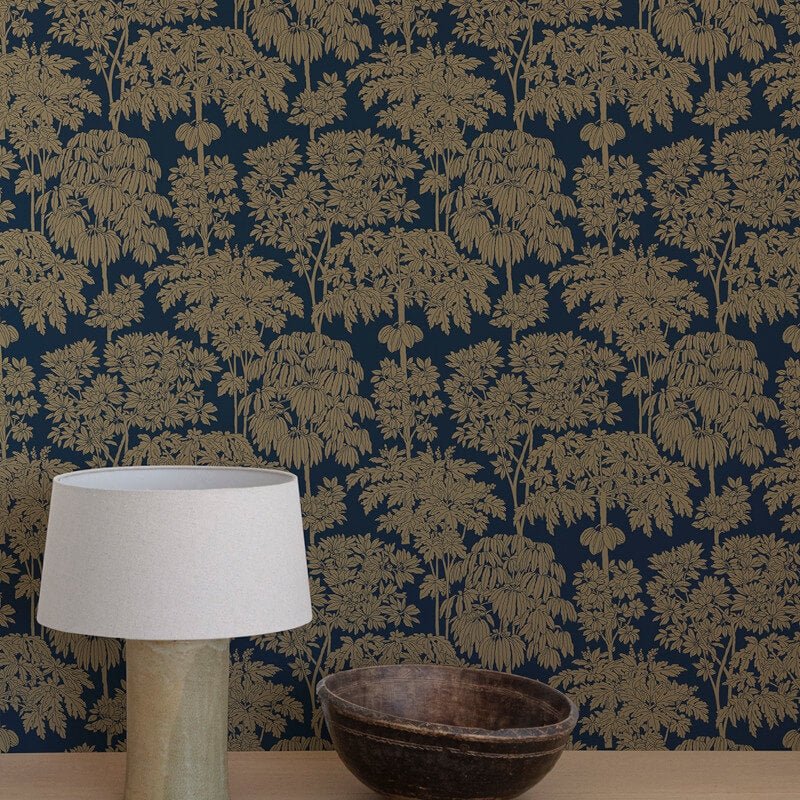 Ciara Tonal Trees Wallpaper - Blue/Gold - Grandeco - A63404Wallpaper199